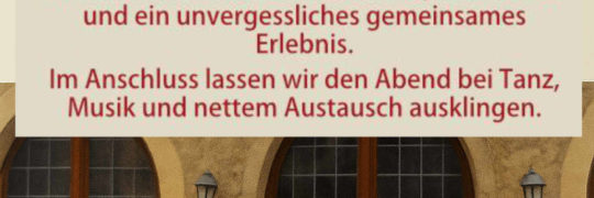 Ablauf unseres Workshop-Tages • 16:00 – 19:00 Uhr Workshop mit unserer Choreografin aus Bulgarien – neue Tänze zum Lernen und Genießen. • 19:00 – 20:30 Uhr Gemeinsames Buffet-Abendessen. • ab 20:30 Uhr Horoteka – Tanzen, Feiern und den Abend in einer tollen Atmosphäre voller bulgarischer Folklorerhythmen ausklingen lassen.